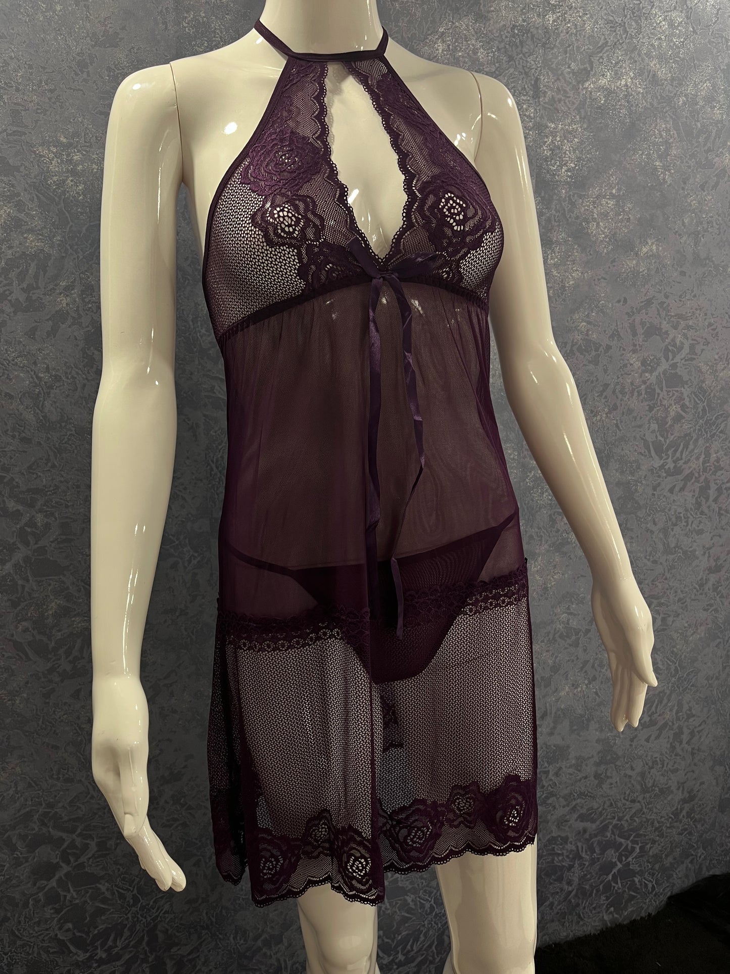 "High-Neck Lace Knot Babydoll Set with Back Cross Design (dz-165)