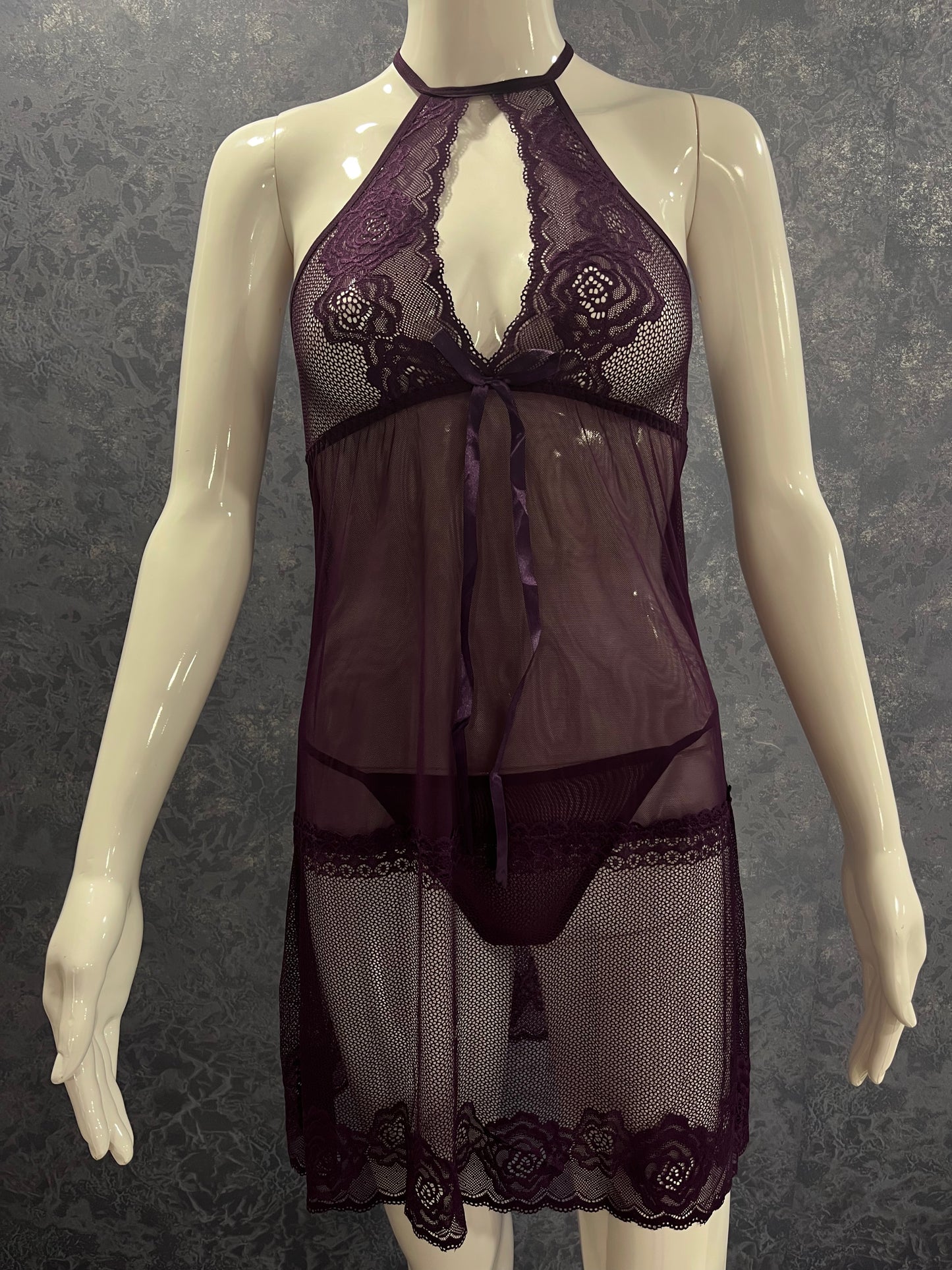 "High-Neck Lace Knot Babydoll Set with Back Cross Design (dz-165)