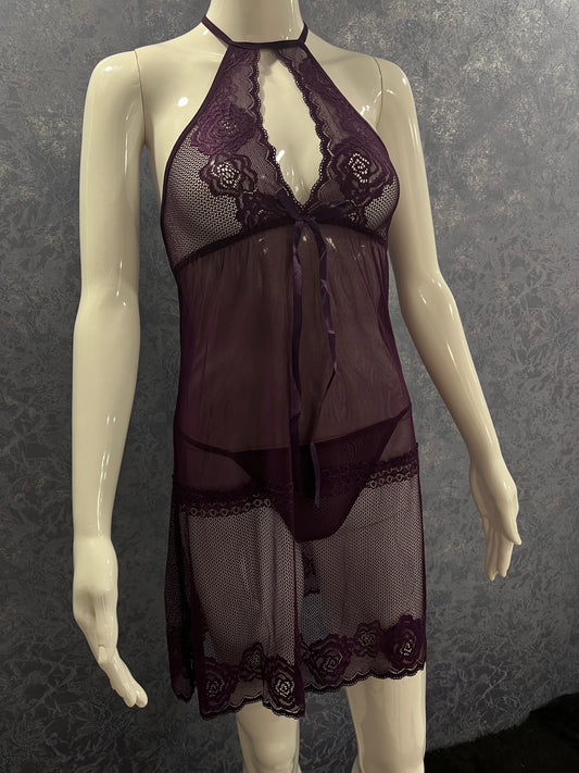 "High-Neck Lace Knot Babydoll Set with Back Cross Design (dz-165)